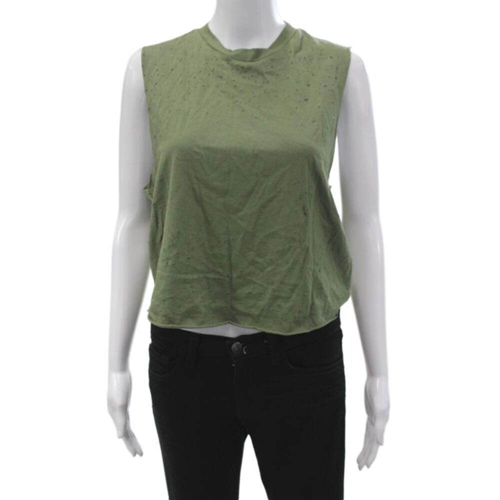 Amiri Womens Cropped Tank Sleeveless Green Cotton Crew Neck Distressed Size M